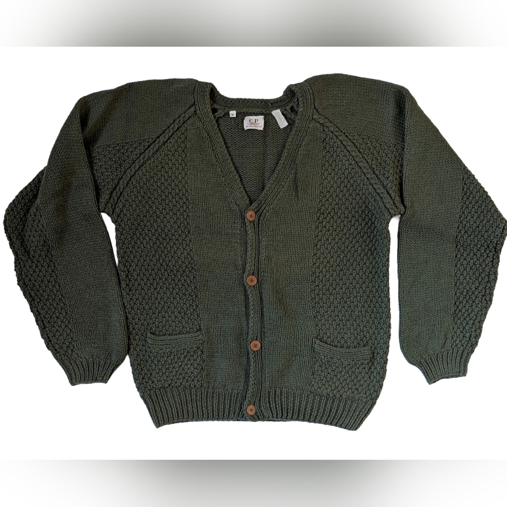 Vintage Massimo Osti CP Company Olive Green Chunky Cable Knit Men's Cardigan Med